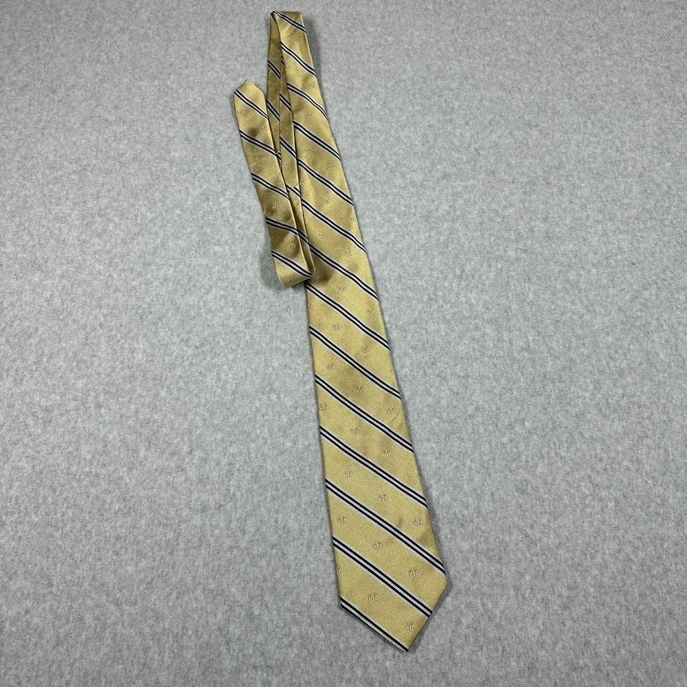 Brooks Brothers Silk Repp Tie Gold Navy Blue Striped Logo Embroidery Made In USA